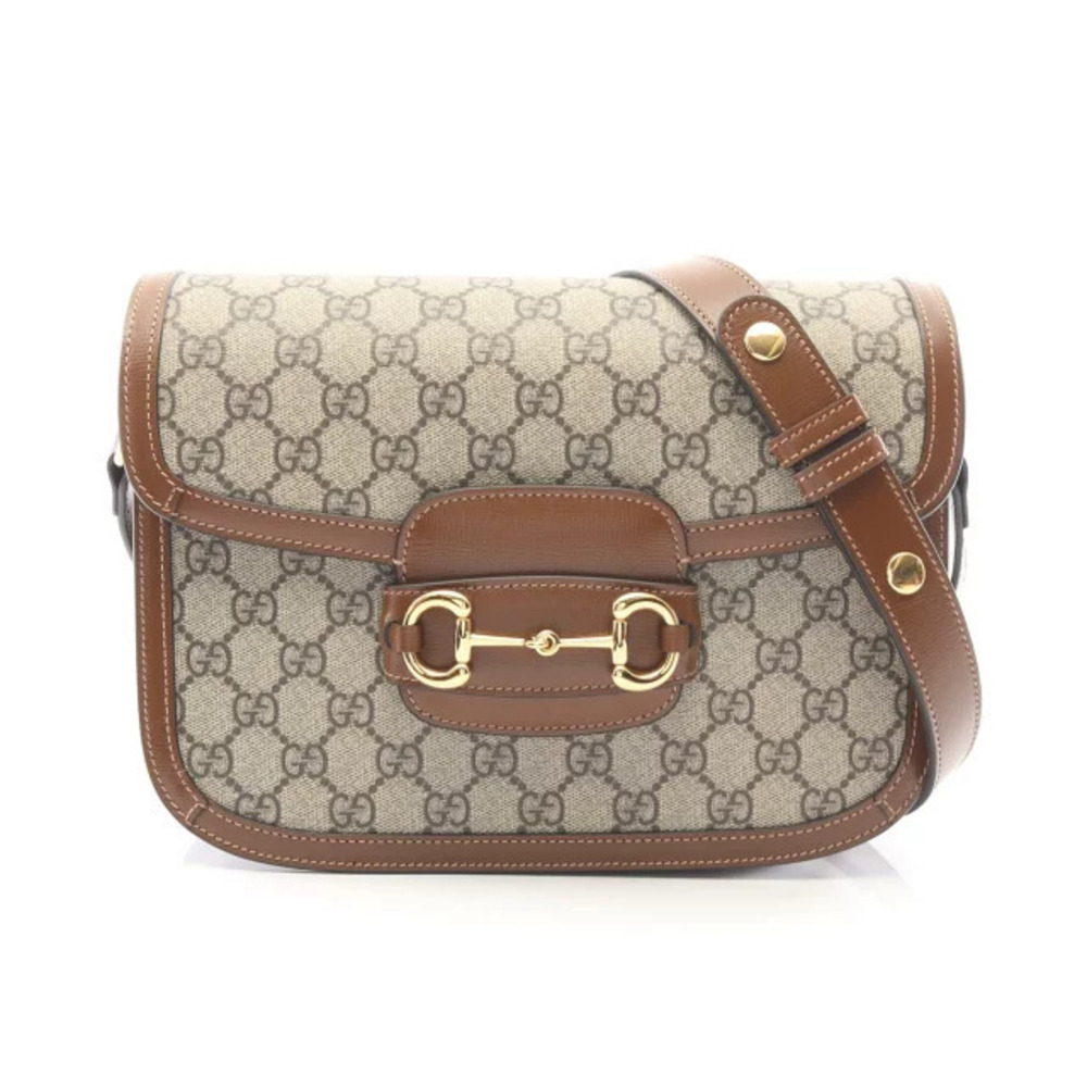Gucci Horsebit GG Supreme Shoulder Bag Canvas Leather Beige Cream Brown